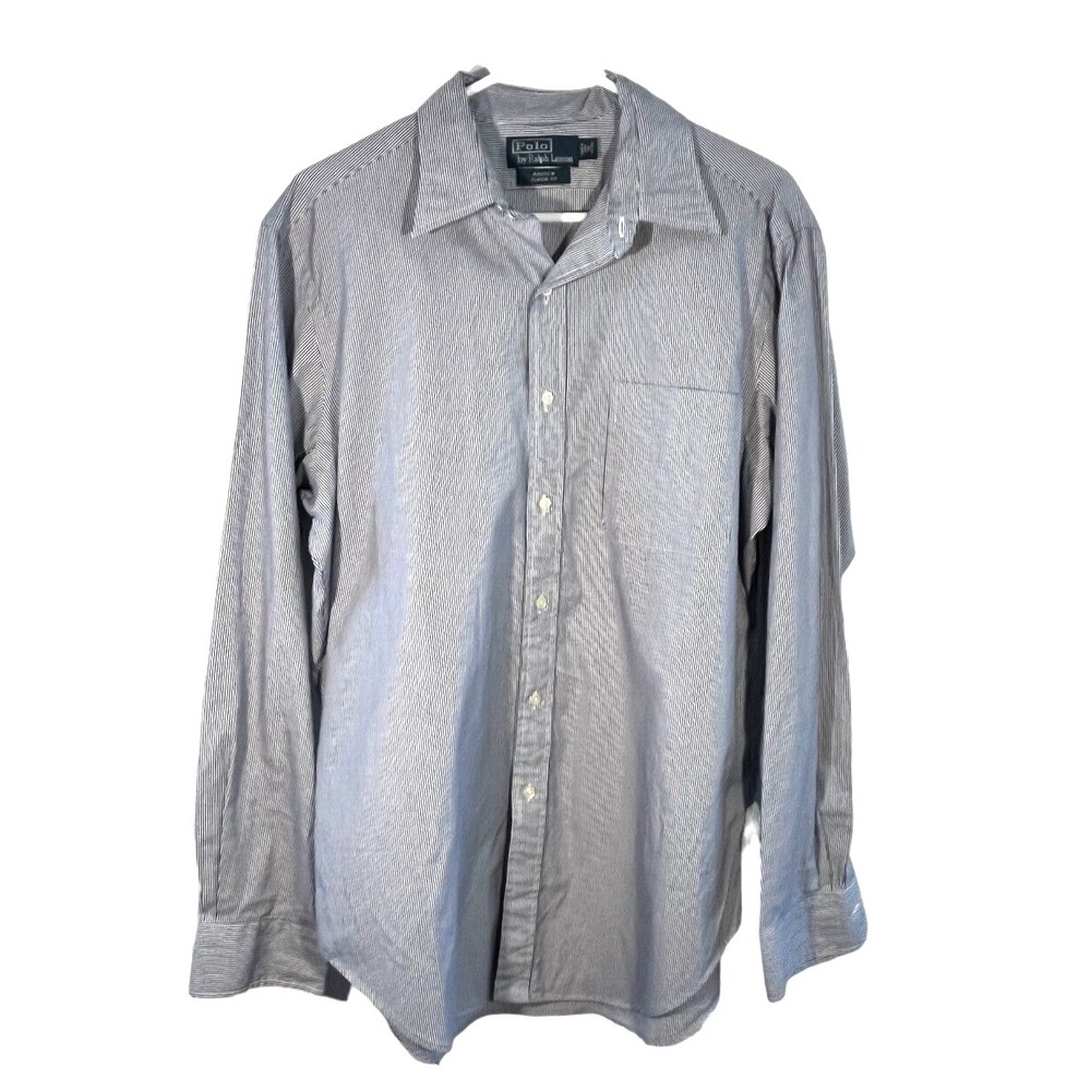 Polo by‎ Ralph Lauren Men's Long Sleeve Button Up Shirt Blue Stripe 16 34/35